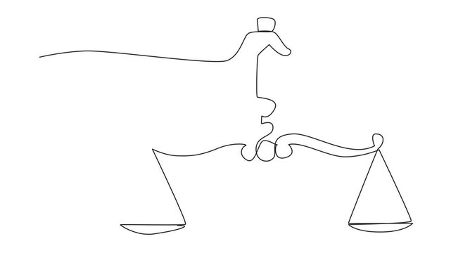 Self drawing animation of single continuous line drawing human hand holding a scale. Uphold just laws. Create a sense of security for others. Equality before the law. Law Day. Full length animated