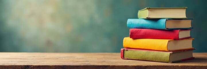 Colorful books stacked horizontally on a wooden table, books, wooden