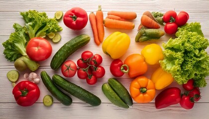 Flat lay background of various fresh vegetables – tomatoes, cucumbers, carrots, peppers and lettuce – arranged aesthetically on a white wooden surface