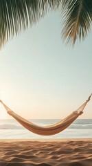 Relaxing in a hammock on a serene beach at sunset with gentle ocean waves in the background