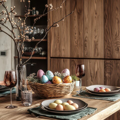 A stylish Easter dining arrangement featuring ceramic plates, silverware, and seasonal decor. The sophisticated and inviting table setup is ideal for hospitality, branding, and festive promotions.