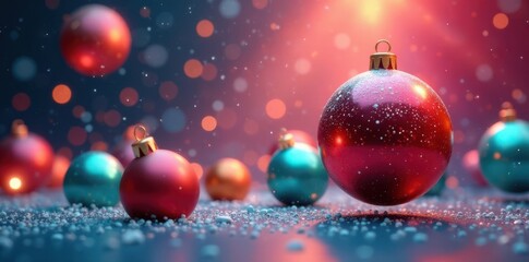 Fototapeta premium Colorful abstract Christmas balls floating in mid-air, sparkles, ornaments
