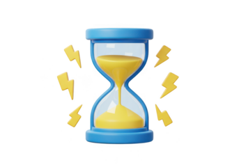 Hourglass with yellow sand and blue frame surrounded by lightning