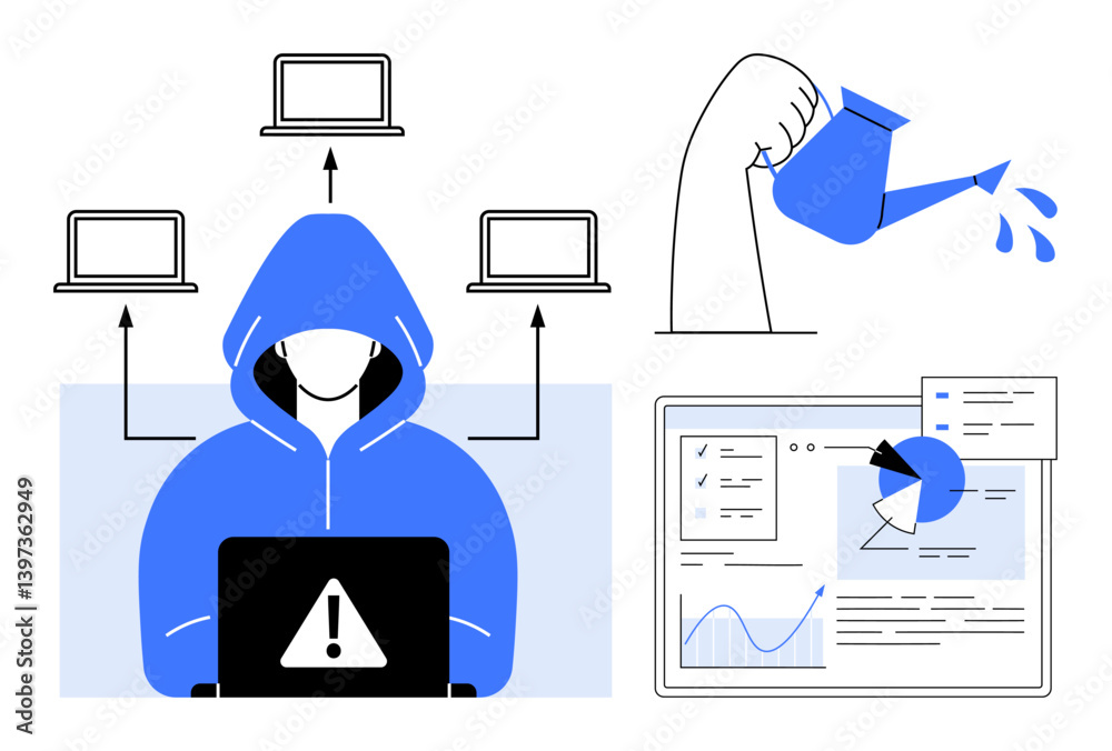 Poster hacker in a hooded sweatshirt using a laptop while data flows to multiple devices, a watering can nu