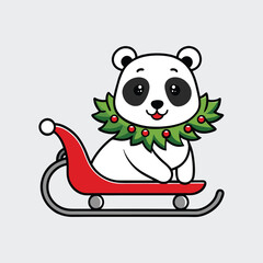 Happy Panda Inside Decorated Christmas Sleigh