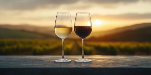 Enjoying white and red wine at sunset in a vineyard setting with rolling hills in the background