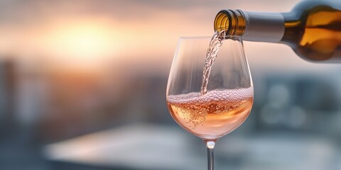 Pouring sparkling rose wine into a glass at sunset with city skyline in the background
