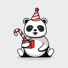 Playful Panda Holding Candy Cane