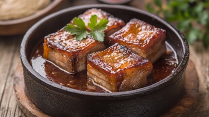 A rustic image of slow-cooked pork belly in a savory sauce, bubbling in a cast-iron pot, showcasing the rich flavors and tender texture of the dish