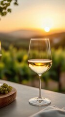 Elegant glass of white wine at sunset overlooking a vineyard in late afternoon light