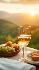 Sunlit evening with white wine, grapes, and bread overlooking a beautiful landscape at sunset