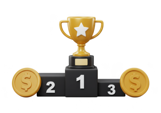 Gold trophy with star on podium with coins and numbers one two three