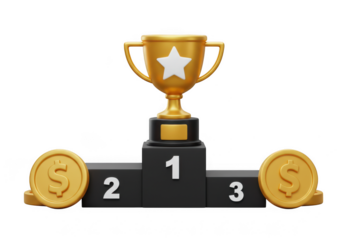 Golden trophy on first place podium with coins on a dark setting