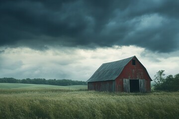 Obraz premium An old barn stands alone in a stormy field, with heavy rain and dark clouds
