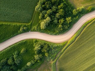 Drone captures aerial view of vast farm landscape with winding road and lush greenery