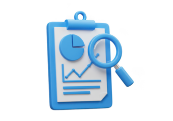 Clipboard with graphs and a magnifying glass in a blue color tone