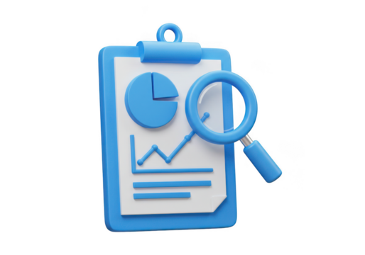 Clipboard with graphs and a magnifying glass in a blue color tone