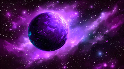 Obraz premium Purple Planet in Nebula Cloud with Scattered Stars in Deep Space Dark Background Galaxy and Universe Exploration with Vibrant Cosmic Artwork