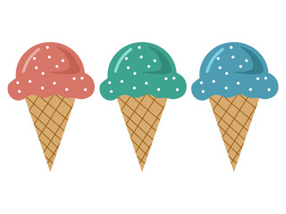 Colorful ice cream in a cone on a white background. Concept of summer and cool dessert. Vector illustration
