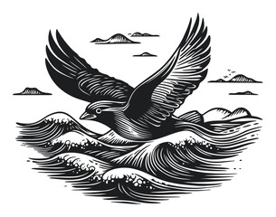 Obraz premium Black and White Illustration of Bird Flying Over Ocean Waves