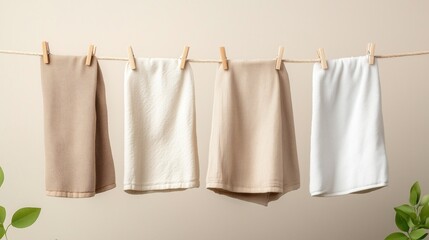 Soft towels hanging on a clothesline in a light and gentle setting, showcasing neutral tones and natural textures