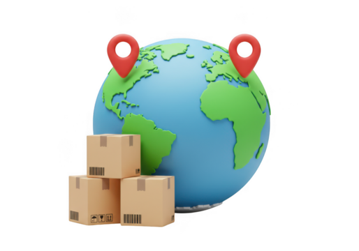 Stacked boxes with globe and location pins indicating destinations isolated on transparent background