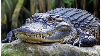 Obraz premium A large crocodile rests on a rocky surface with detail