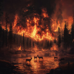 A devastating wildfire engulfs a dense forest, with flames and thick smoke filling the air. The intense heat and destruction highlight the impact of climate change and deforestation.