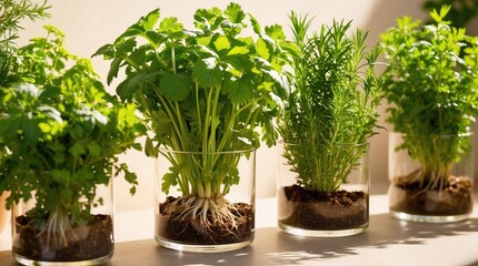 Obraz premium Growing herbs, roots visible, sunlight, vibrant plants