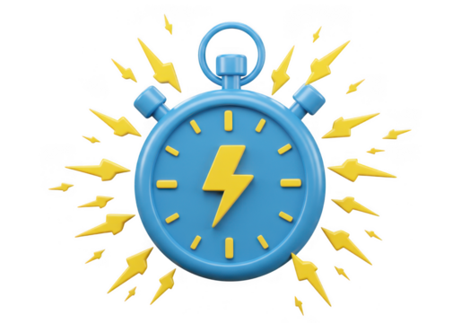 Blue stopwatch with yellow lightning bolts radiating outward around it