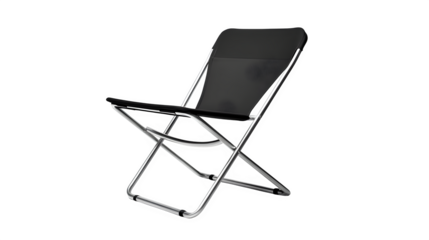 Simple metal folding chair with black seat and back,