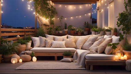 Cozy terrace with pillows, blankets, plants and lights