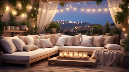 Cozy terrace with pillows, blankets, plants and lights