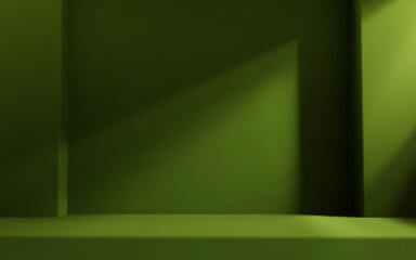 Green olive room studio with table top and natural light. Product presentation template.