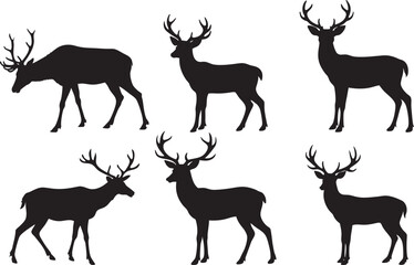 Deer Silhouettes Set with Antlers, vector illustration