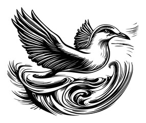 Detailed Illustration of a Flying Bird over Turbulent Waves