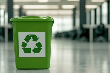 Green recycling bin stands prominently in modern office setting,