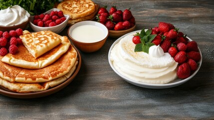 Delicious Dairy Foods with Pancakes and Fresh Berries Displayed on a Rustic Wooden Table