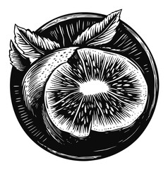 Obraz premium Artistic black and white illustration of a sliced fruit with leaves