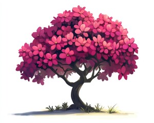 Pink flowering tree, isolated, digital art, game asset
