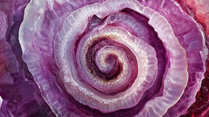 Obraz premium Close-up of a red onion cut in half, revealing its intricate layers of purple and white concentric circles 