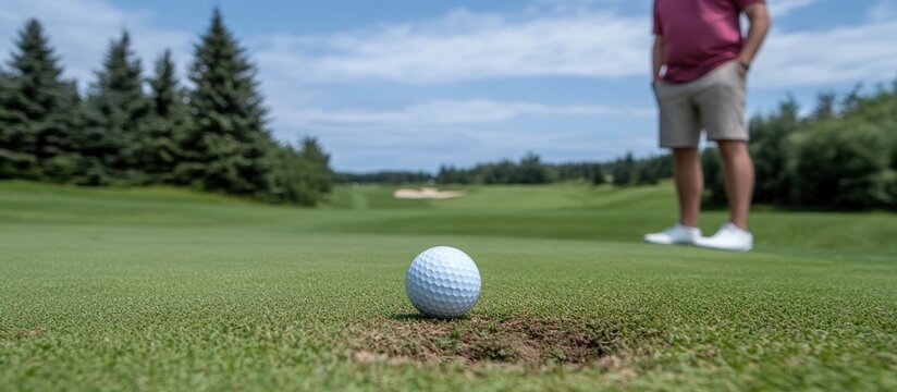 Golf ball on green, golfer in background, sunny day, course advertising