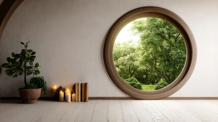 Fototapeta premium Cozy Round Window with View of Lush Greenery and Natural Light in Stylish Interior Setting