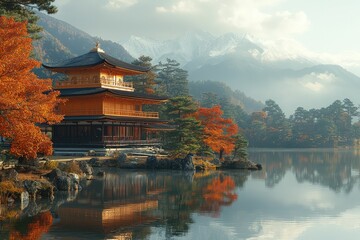 Naklejka premium Golden temple reflects in calm autumn lake