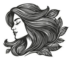 Fototapeta premium Elegant Profile of a Woman with Flowing Hair and Leaves Design
