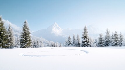 Winter wonderland landscape with snow-covered pines and mountains.  A pristine snow-covered field curves gently, with snow-dusted evergreens and a majestic mountain range in the background