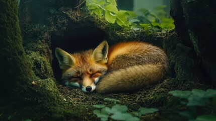 Fototapeta premium A resting fox curled up asleep in a natural forested den
