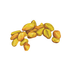 Hand drawn cartoon illustration of isolated colorful peeled pistachios topping for cooking ice cream filling, traditional oriental dessert, food collection, Heap of cracked nuts, beer snack