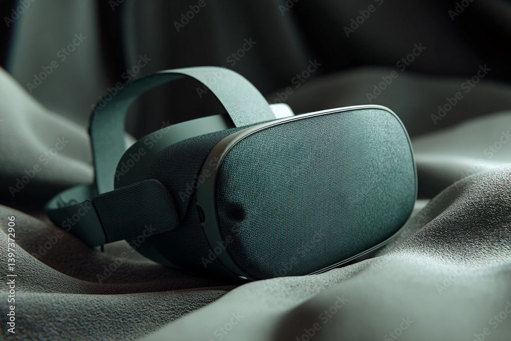 Poster dark-green vr headset rests on textured fabric, showcasing technological advancement and immersive e