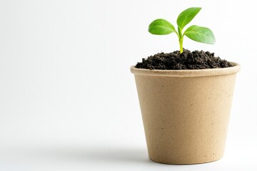 Small green plant emerging from soil in eco-friendly pot symboli